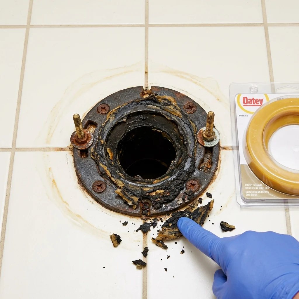 Failed wax ring showing water seepage at the base of a toilet in a Philadelphia, NY home