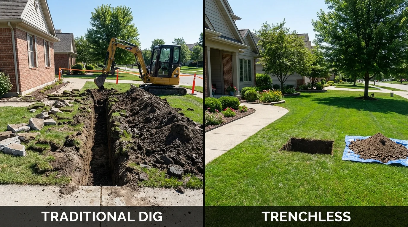 Trenchless sewer repair with minimal yard damage versus traditional excavation in Philadelphia, NY