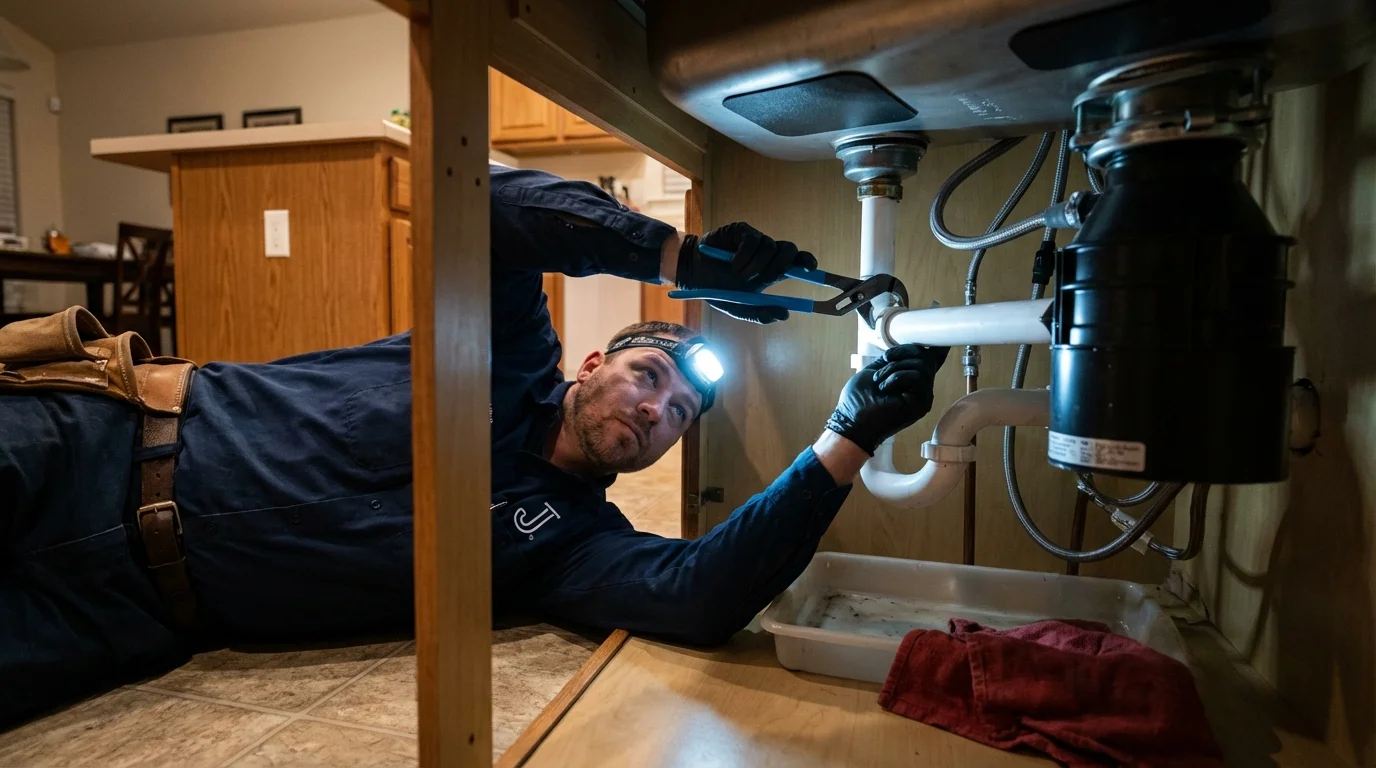 P-trap and supply line connections under a kitchen sink showing a common leak point in Philadelphia, NY